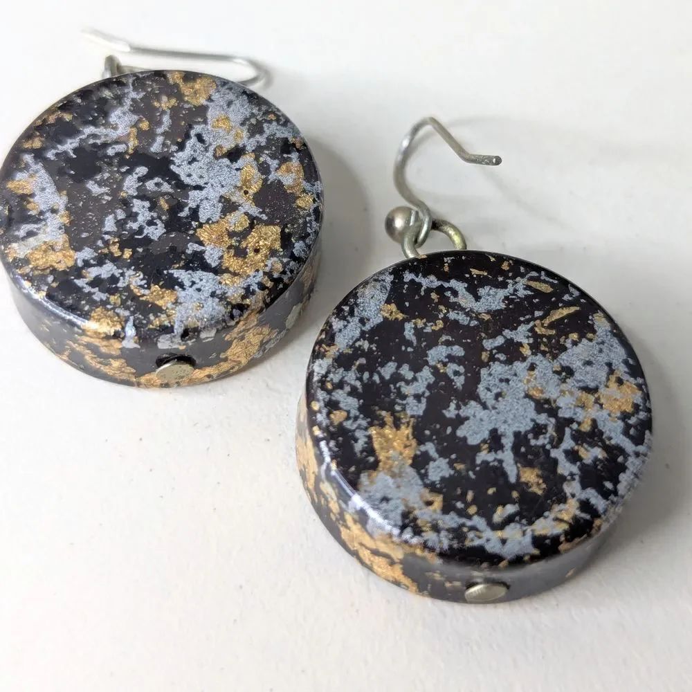 Black Silver & Gold Lightweight Lacquer Disc Earrings